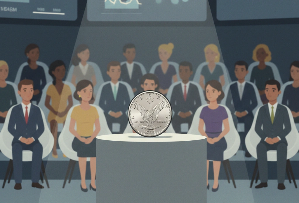 A modern auction room where a 1999 silver dollar is displayed alone on a pedestal