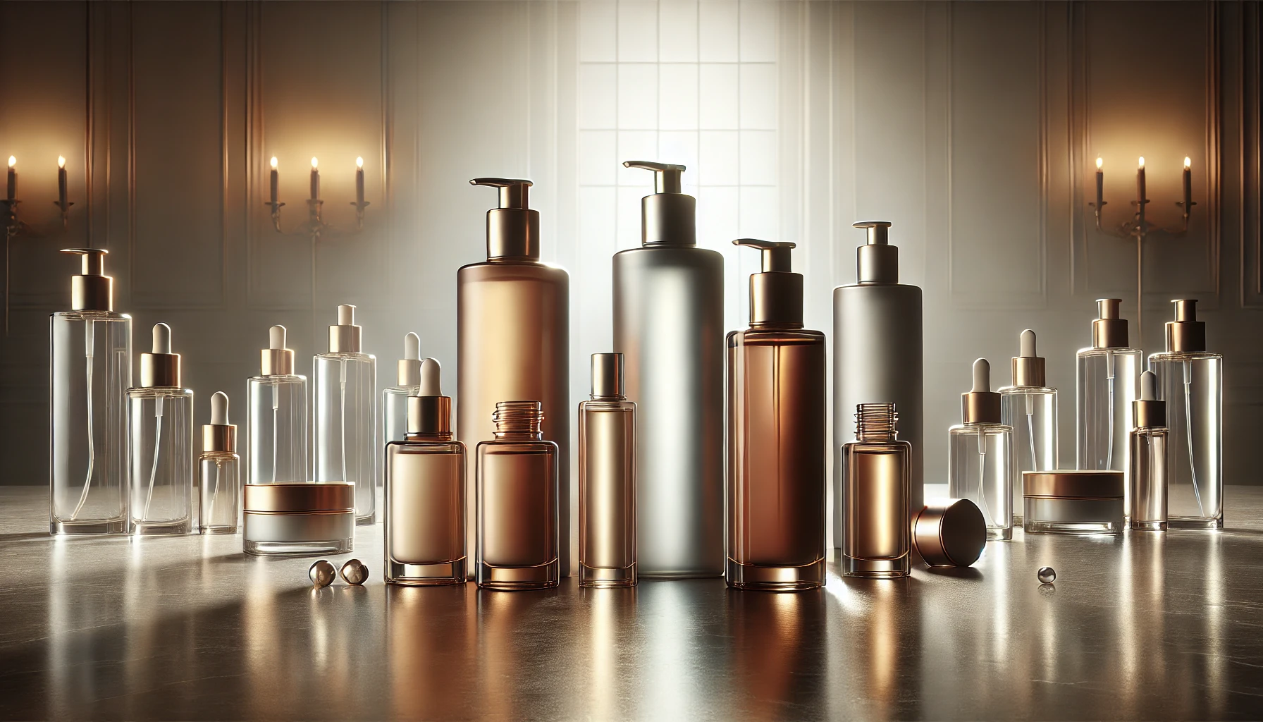 A few elegant skincare bottles displayed on a luxurious surface, with soft lighting that enhances their sleek, sophisticated design.