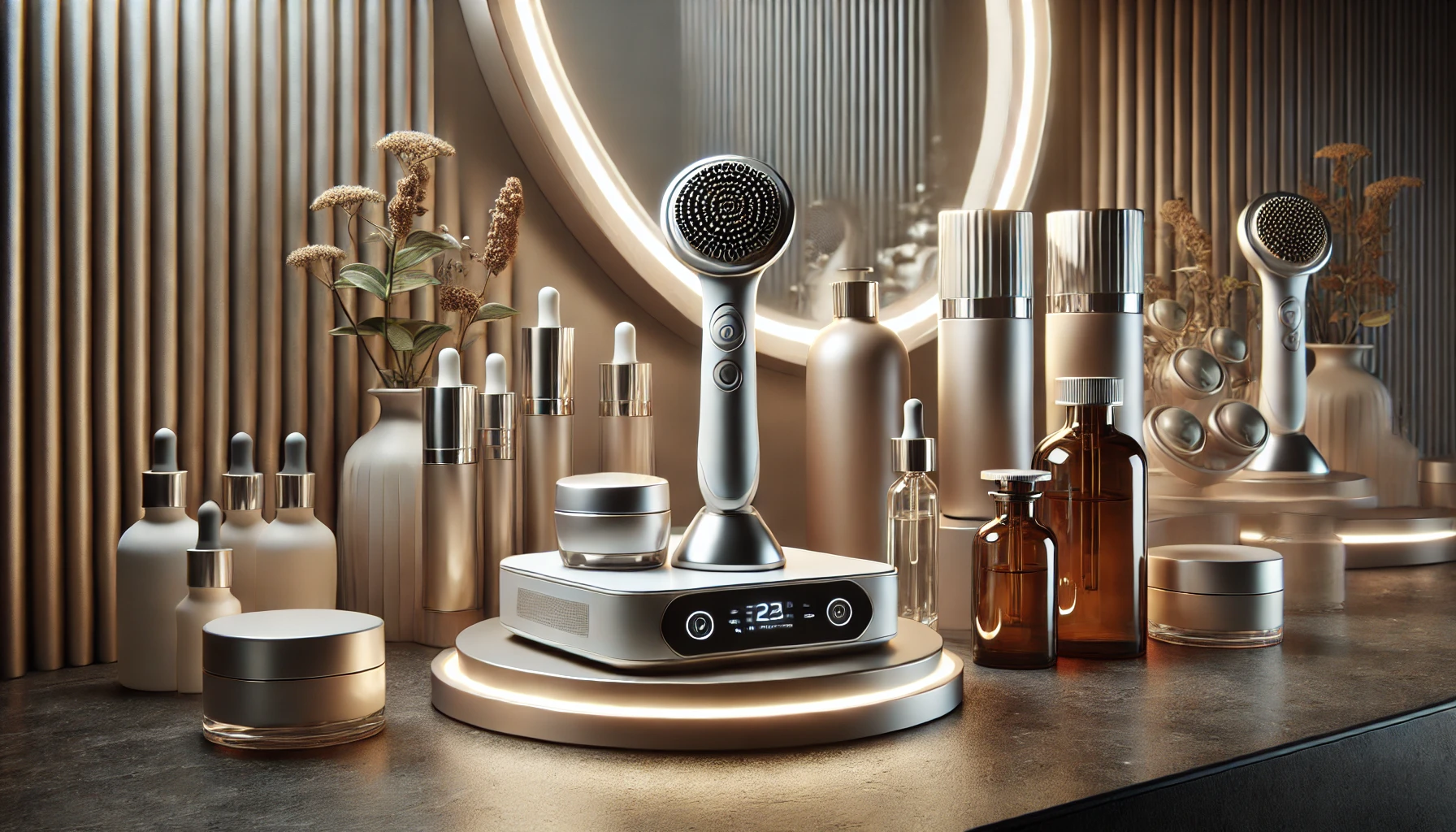 a high-end skincare product lineup blending modern innovations and timeless beauty classics.