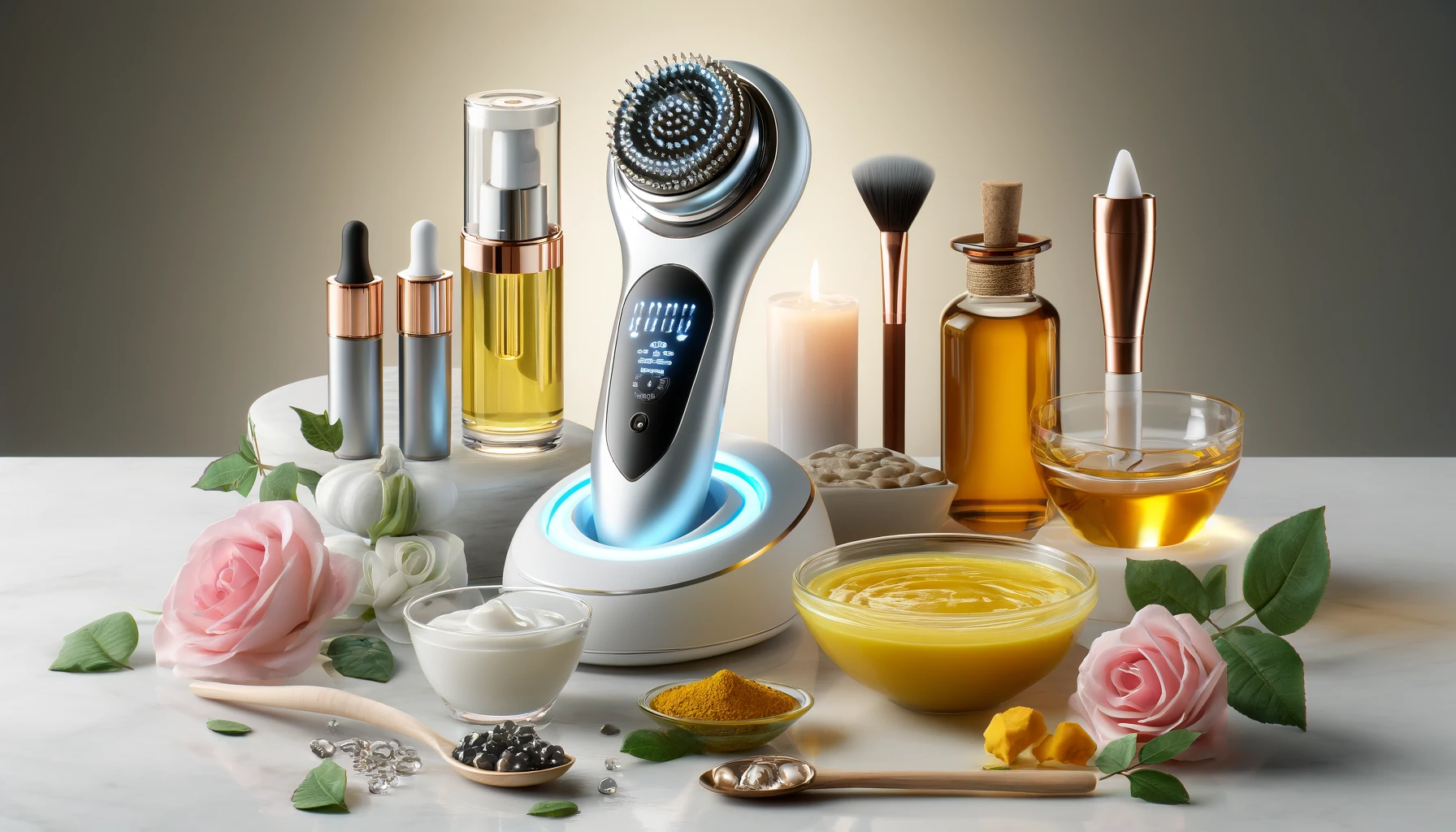 a modern skincare routine blending cutting-edge technology and traditional beauty practices.