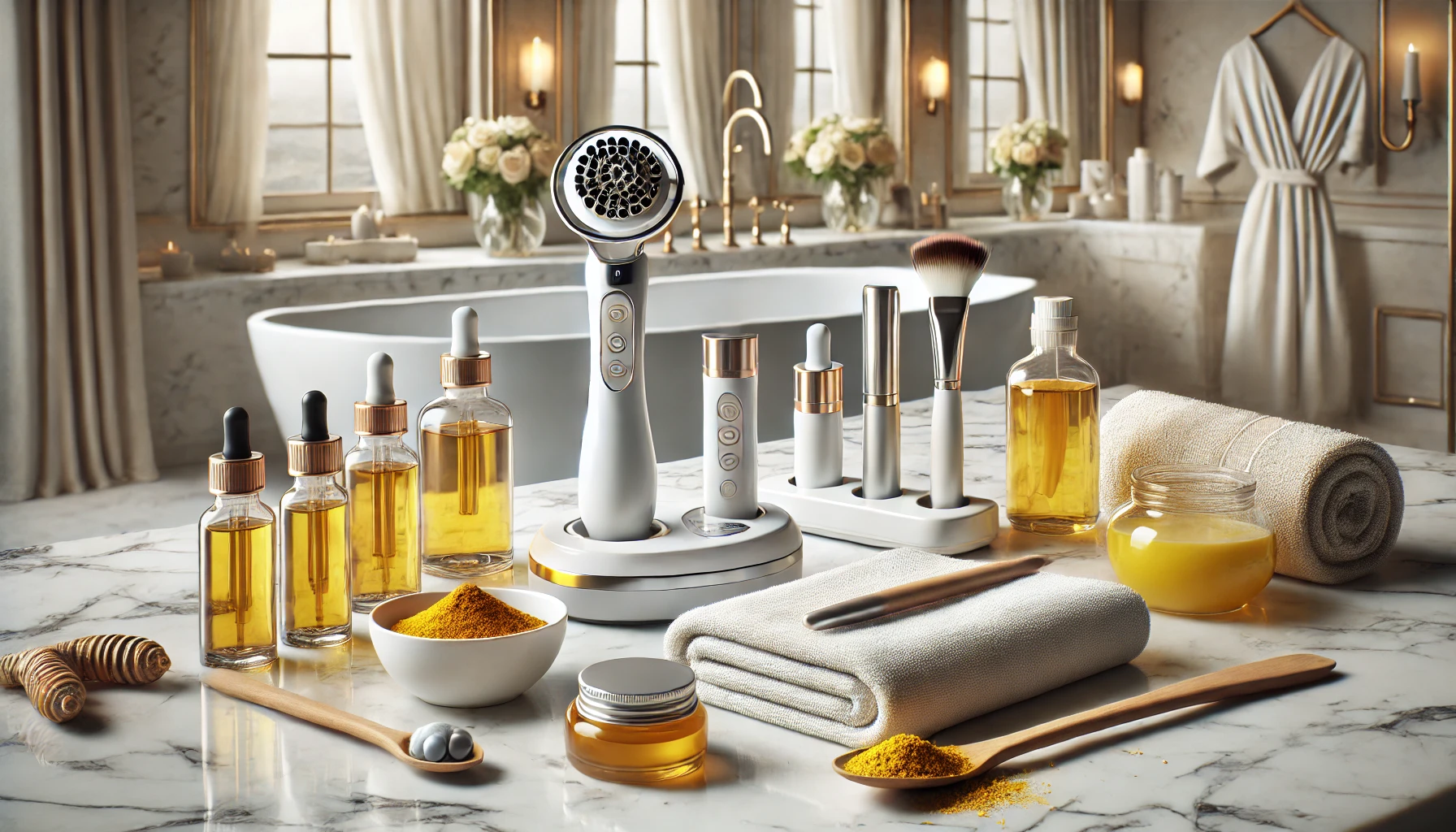 a clean, luxurious bathroom counter showing both modern and traditional skincare products.
