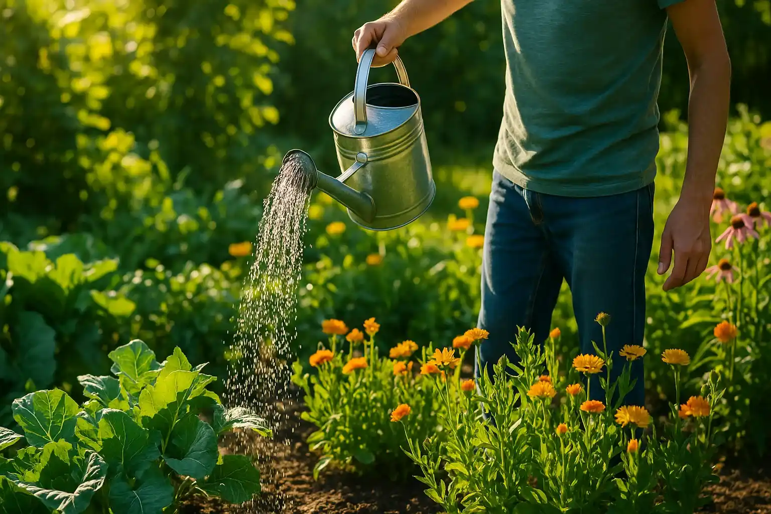 a man watering garden plants 
