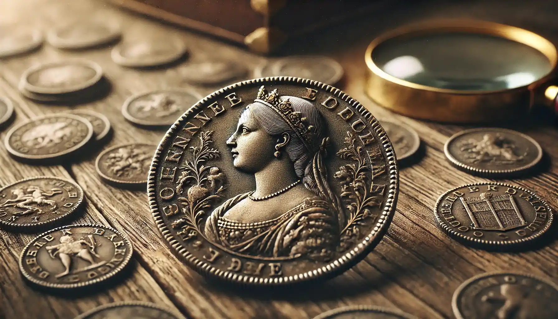 An image of a historical coin featuring a detailed profile portrait of a queen, resting on a wooden surface with intricate engravings and a well-preserved patina.