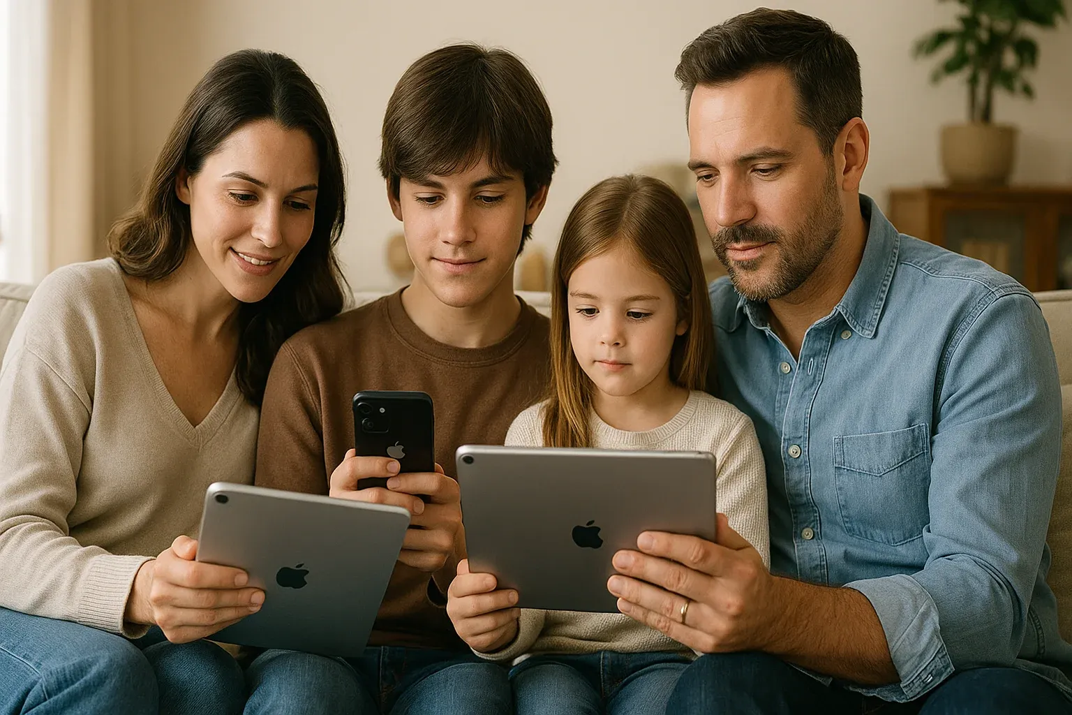 A family of four sits on a cozy sofa, each with their own Apple device, using Apple Family Sharing features to stay connected and share content together.