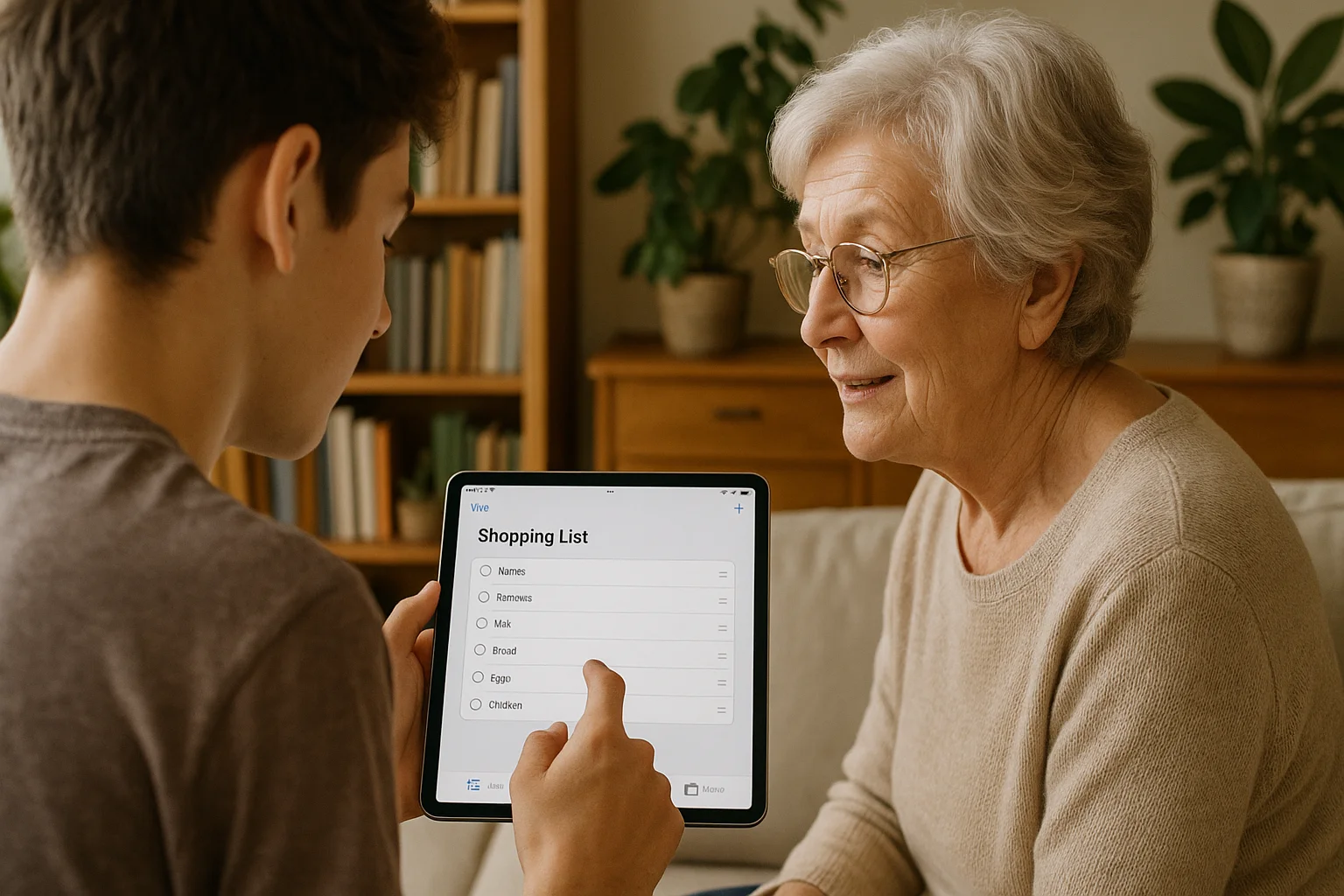 A teenage boy shows his grandmother a shared shopping list app on a tablet, as she watches with interest.