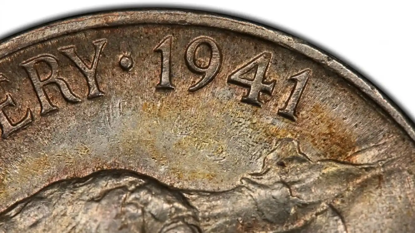 extreme close-up of 1941 nickel texture and patina
